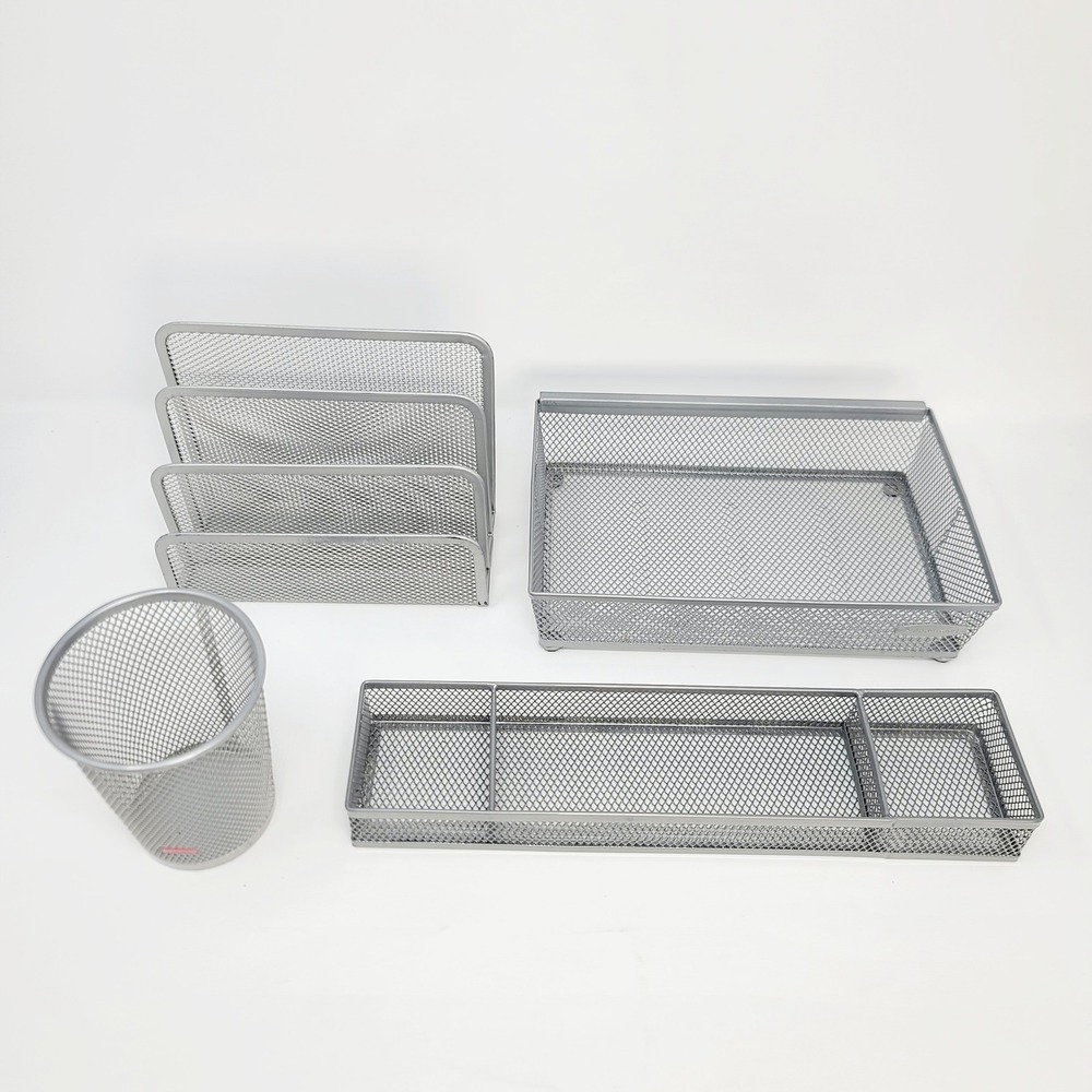 Silver Mesh Desk Organizer Set 4 Piece Office Letter Tray Cup Rubbermaid & more